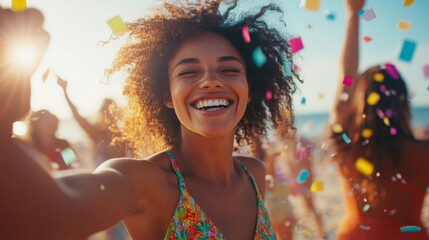 Obraz premium A woman in a colorful dress smiles broadly while celebrating with friends on the beach, surrounded by falling confetti, capturing a joyful summer moment.