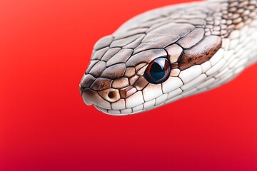 Close-up of a snake on a striking red background. Year of the Snake background. 