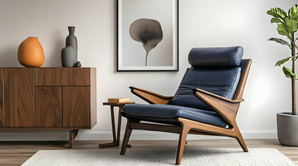 A stylish living room featuring a modern chair, artwork, and decorative elements.