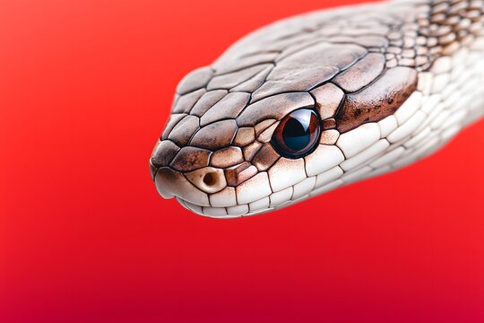 Close-up of a snake on a striking red background. Year of the Snake background. 