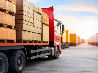 High-definition image of a truck fleet at a loading dock, focus on transport logistics, fleet management