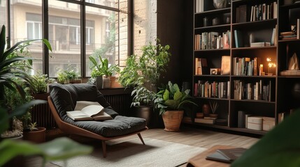 Fototapeta premium Cozy Reading Nook with Modern Armchair and Bookshelf in Sunlit Room Filled with Green Plants