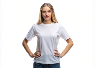 Fototapeta premium Female model displays a chic look in a plain white shirt with adjustable sleeves and crew neck, isolated
