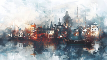 Fototapeta premium Colonial Cityscape Watercolor painting style