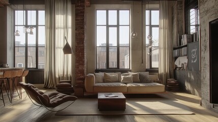 Fototapeta premium Modern Industrial Loft Apartment with Large Windows and Cozy Living Space
