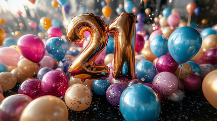 Balloon in shape of number 21 on pastel colored birthday background