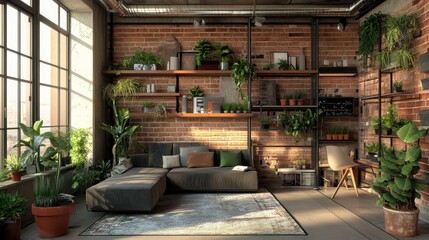 Fototapeta premium Cozy Industrial Living Room with Abundant Green Plants and Natural Light