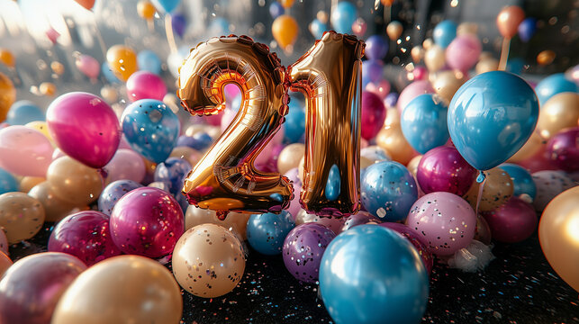 Balloon in shape of number 21 on pastel colored birthday background