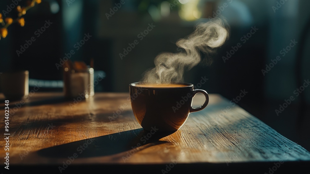 Wall mural A steaming cup of coffee sits on a wooden table, creating a cozy atmosphere.