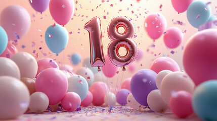 Balloon in shape of number 18 on pastel colored birthday background