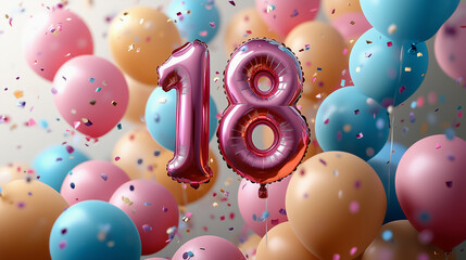 Balloon in shape of number 18 on pastel colored birthday background