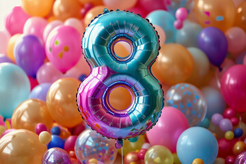 Foil balloon in shape of number 8 on vibrant colored birthday background
