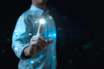 Business development Business Planning and Investment Strategy: pointing arrow up and graph corporate future growth plan on network structure of business Success.