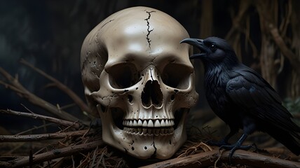 A highly realistic image of a decaying human skull, with dry branches winding through its fractures and cracks. A sharp-eyed black feathers crow, stands beside the skull.