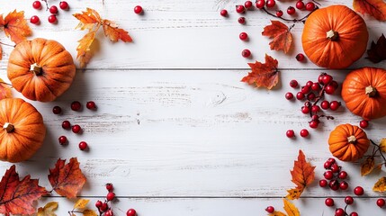 Pumpkins, berries, and leaves create a cozy autumn scene on a white wooden table.  Perfect for Thanksgiving or Halloween!  There's plenty of room to add your own message.