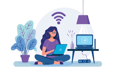 Smart Woman Configuring Wireless Router Using Setup Guide for Internet Connectivity and App Development