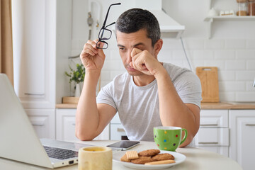 Young exhausted freelancer working online from home long hours using laptop in kitchen taking off glasses feeling tired and rubbing eyes due to overworked and painful discomfort from digital job