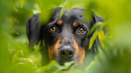 Fototapeta premium A tight shot of a black-and-brown pooch's face emerging from a tree's green foliage