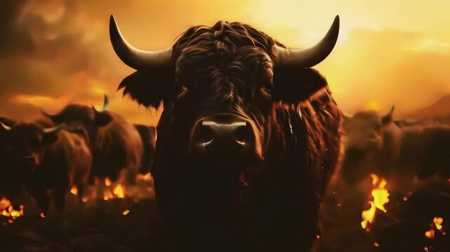 Video artistic recreation of a ancient bull or bison at sunset