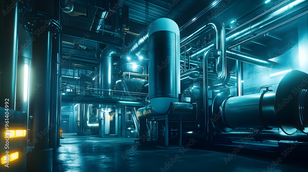 Wall mural A futuristic energy plant showcasing advanced hydrogen fuel technology with metallic structures and glowing lights creating a vibrant atmosphere