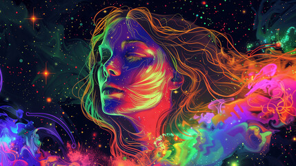 Vibrant cosmic portrait of a woman blending into the stars, symbolizing the fluid connection between mind, body, and the universe.
