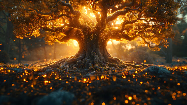 Golden Tree Illustration with Light Bokeh