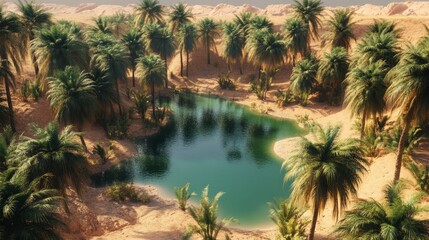 A desert oasis with a small pond surrounded by palm trees, contrasting with the surrounding arid environment.