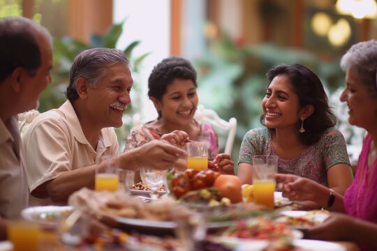 Cheerful multi generational family is sharing a meal together around a table, laughing and enjoying each other's company