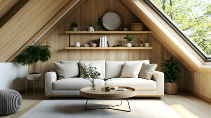 Obraz premium Cozy attic living space with wooden accents and natural light.