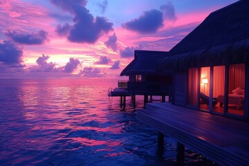 Obraz premium Stunning Maldives sunset with pink, blue, and purple sky over luxury overwater huts, calm water reflecting the vibrant colors.