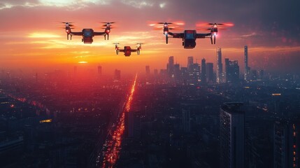 Futuristic cityscape with AI drones patrolling, cybersecurity, advanced urban security, Urban Aerial Surveillance using Drones for Capturing Images of Skyscrapers.