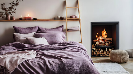 Cozy bedroom with purple bedding, candles, and a fireplace for a relaxing atmosphere.