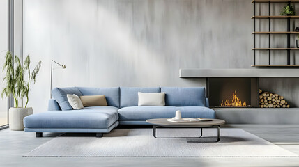 Cozy living room with a blue sofa, fireplace, and minimalist decor.
