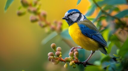 Obraz premium A blue-and-yellow bird perches on a tree branch, surrounded by berries in the foreground; background softly blurred