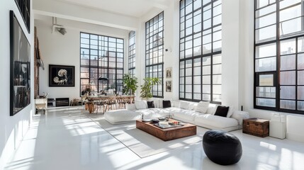 Fototapeta premium Modern Industrial Loft with Large Windows and Minimalist Interior Design