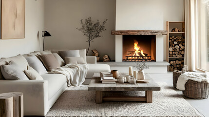 Fototapeta premium Cozy living room with a fireplace, natural decor, and a warm atmosphere.