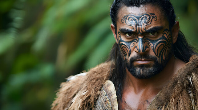 Intense close-up of a Maori warrior with facial moko tattoos, a feathered cloak draped over his shoulders, and a determined expression, set against a backdrop of dense, green forest