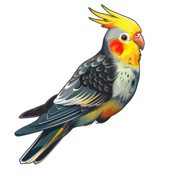 recommend clip art: A colorful illustration of a cockatiel with yellow, grey and orange plumage on a white background.