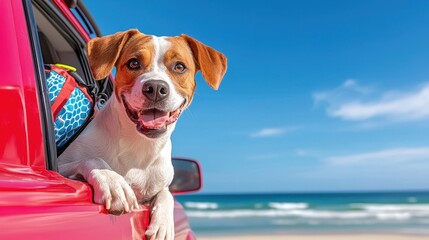 Brave Boxer: Surf and Fish Adventure with Dog Gear on Red SUV at Seaside Haven