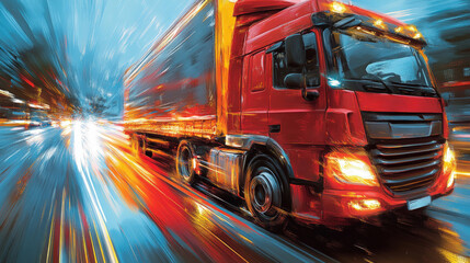 A truck driver expertly maneuvers their vehicle through a vibrant, rainy urban landscape