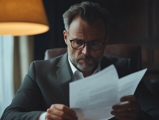 Businessman Reading Document at Desk