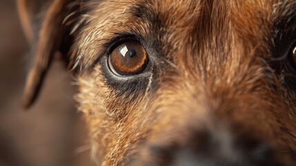  A tight shot of a brown dog's expressive eyes, softly focused against a hazy backdrop