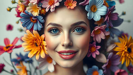 A young woman with a hair style of beautiful, multi-colored flowers.
