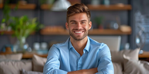 Obraz premium young smiling professional workingin a sleek office with a laptop. Perfect for illustrating modern work culture, tech startups,