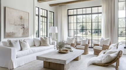 Obraz premium Bright and Airy Modern Living Room with Large Windows and Cozy White Furniture