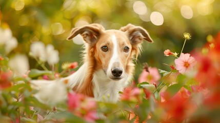 Obraz premium A tight shot of a dog in a flower field, surrounded by hazy red and white blossoms