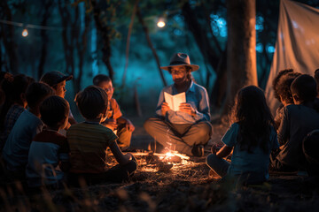 Teacher is reading a story to a group of children sitting around a campfire at night in the woods