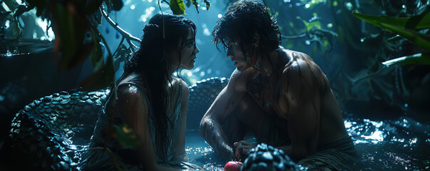 Adam and Eve with the serpent tempter in the garden of paradise with apples with a lake. Christian religious legendary story.