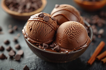 scoop of chocolate ice cream, overflowing with rich chocolate chunks and nestled in a classic bowl.