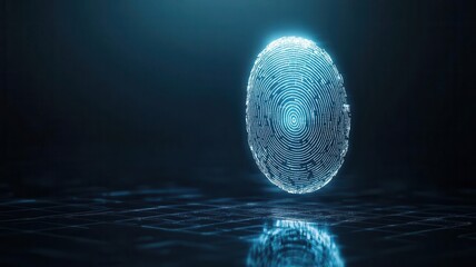 Futuristic holographic fingerprint hovering in a dark room, Fingerprint biometrics, Sci-fi security visualization